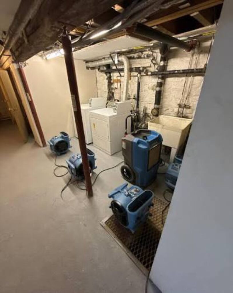 Air movers and a dehumidifier drying a basement laundry area – 77 Rapid Restore