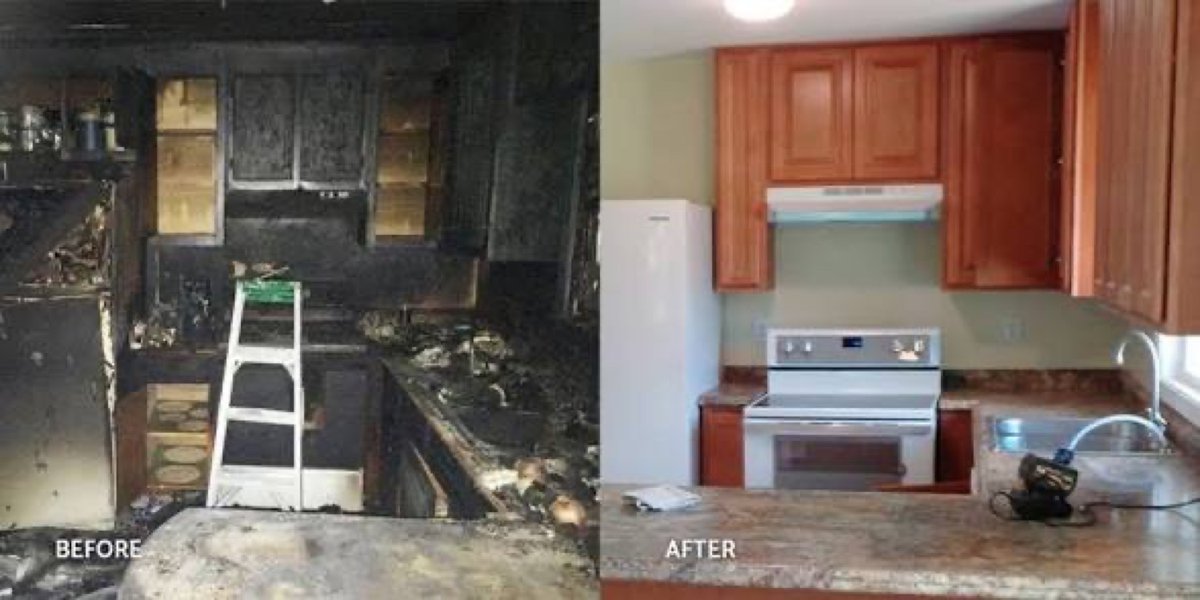 Before and after: soot-blackened kitchen and the rebuilt kitchen – 77 Rapid Restore