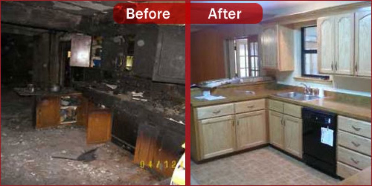 Before and after: fire-damaged kitchen and the restored kitchen – 77 Rapid Restore