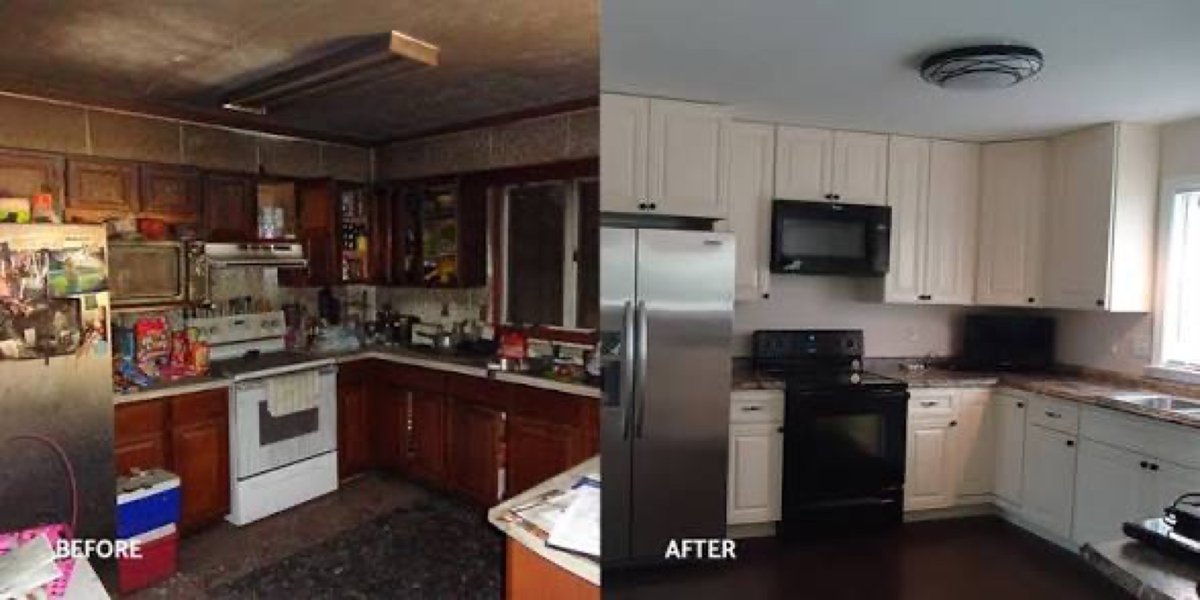 Before and after: smoke-stained kitchen and the rebuilt white kitchen – 77 Rapid Restore