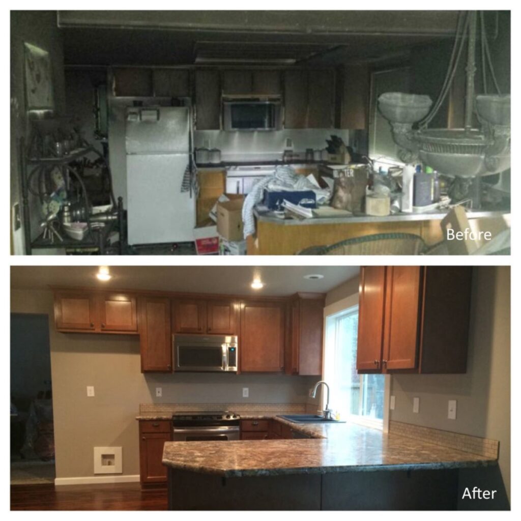 Before and after: smoke-damaged kitchen and the rebuilt kitchen – 77 Rapid Restore